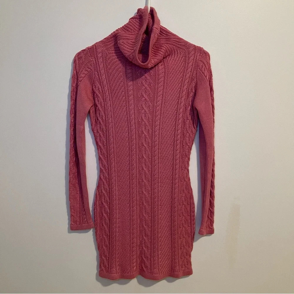 Unbranded cowl neck cable knit long sleeve mini dress tunic 100% viscose pink XS